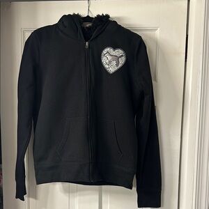 Black Zip-Up Hoodie with Heart Patch